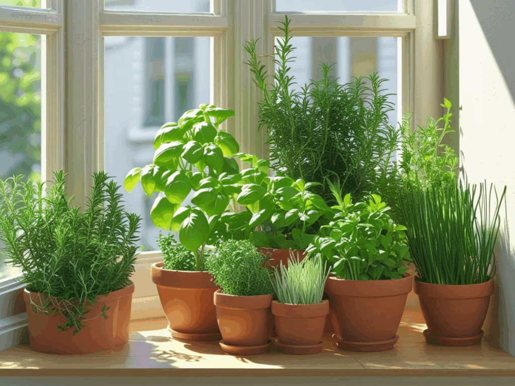 Image of small pots of herb plants in a sunny window.