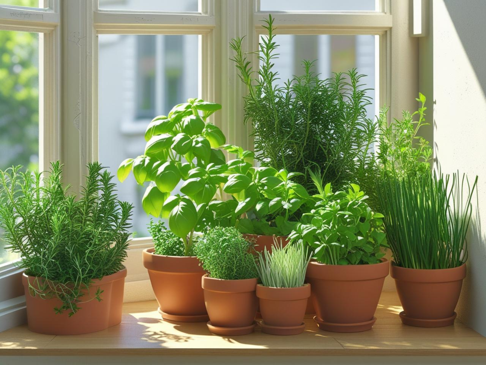 Image of small pots of herb plants in a sunny window.